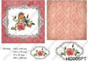  Декупажная карта А4 Hobby-decor, 55 г/м, HD006PT, Птица на ветке в рамочке на красном фоне ― Творча майстерня ДекоПарк