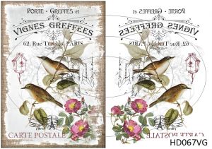 Декупажная карта А4 Hobby-decor, 55 г/м, HD067VG, Винтажная фоновая карта, почтовые открытки, птицы на ветке, белый фон (зеркальная) ― Творча майстерня ДекоПарк
