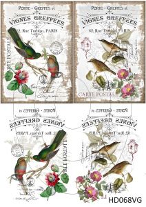 Декупажная карта А4 Hobby-decor, 55 г/м, HD068VG, Винтажная фоновая карта, почтовые открытки, птицы на ветке, белый фон (зеркальная) ― Творча майстерня ДекоПарк