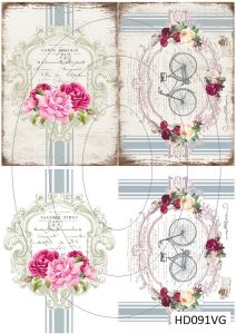 Декупажная карта А4 Hobby-decor, 55 г/м, HD091VG, Винтажная фоновая карта, велосипед, цветы, розы (зеркальная) ― Творча майстерня ДекоПарк