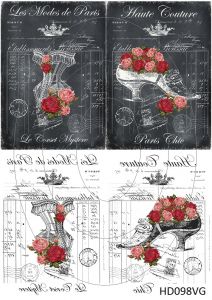 Декупажная карта А4 Hobby-decor, 55 г/м, HD098VG, Винтажная фоновая карта, корсет, корона, розы на черном фоне, цветы в туфельке (зеркальная) ― Творча майстерня ДекоПарк