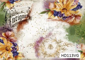 Декупажная карта А4 Hobby-decor, 55 г/м, HD113VG, Винтажная фоновая карта, Цветы зеленом фоне, Пчела ― Творча майстерня ДекоПарк