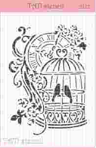 Трафарет TATI stencil 2122, Птички в клетке, часы ― Творча майстерня ДекоПарк