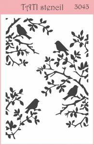 Трафарет "Tati stencil" 3043, Птицы на ветках, углы, бордюры, фоновый ― Творча майстерня ДекоПарк