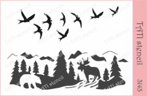 Трафарет "Tati stencil" 3143, А6, фоновый, птицы, лось, медведь ― Творча майстерня ДекоПарк
