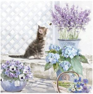 Салфетка 689, Котик и цветы, 33*33 см, 18,5 г/м2, Ambiente ― Творча майстерня ДекоПарк