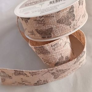 Лента 1-023, Бабочки на винтажном фоне, 2,5см, лен, 2 метра ― Творча майстерня ДекоПарк